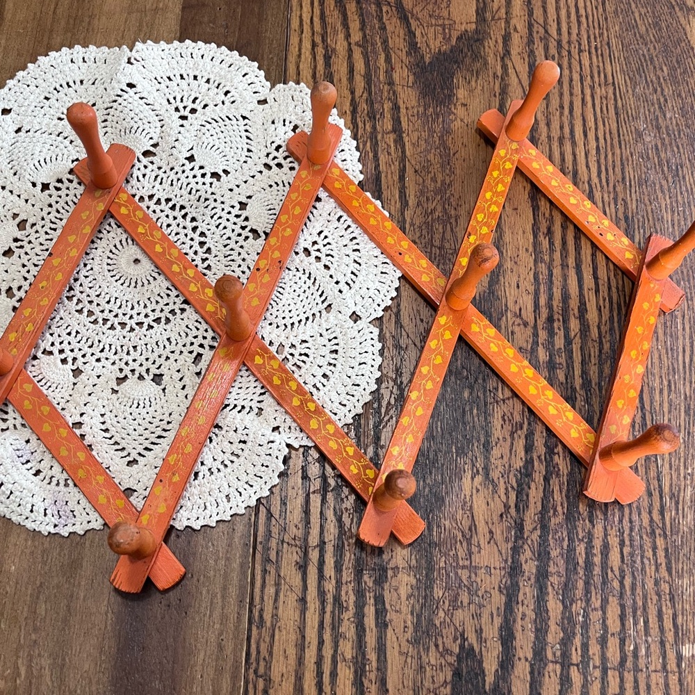 Vintage Hand-Painted Orange Wooden Peg Rack